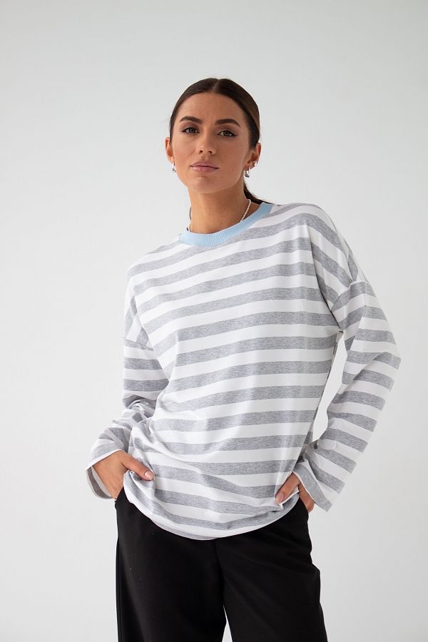 Лонгслів у смужку сірий з блакитним комірцем MBKC004/1 #RU# Лонгслив в полоску серый с голубым воротником MBKC004/1 № 1