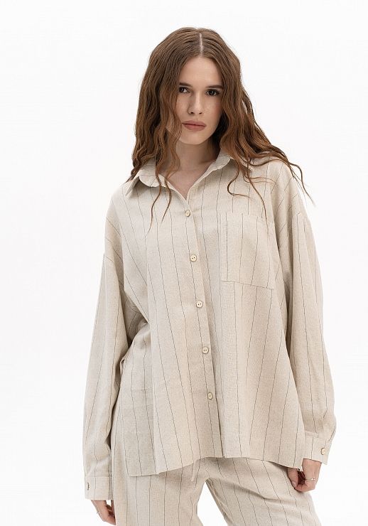 Сорочка лляна з довгим рукавом бежева - №2
