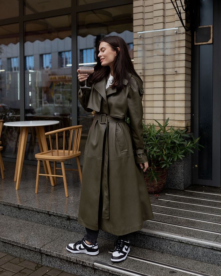 Тренч з екошкіри на замші хакі D0321/14 #RU# Тренч из экокожи на замше хаки D0321/14 № 2