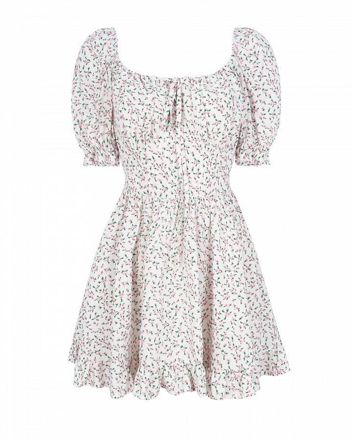 Сукня міні з поясом та рюшами в світло-рожеві квіти D0723/2 № 2