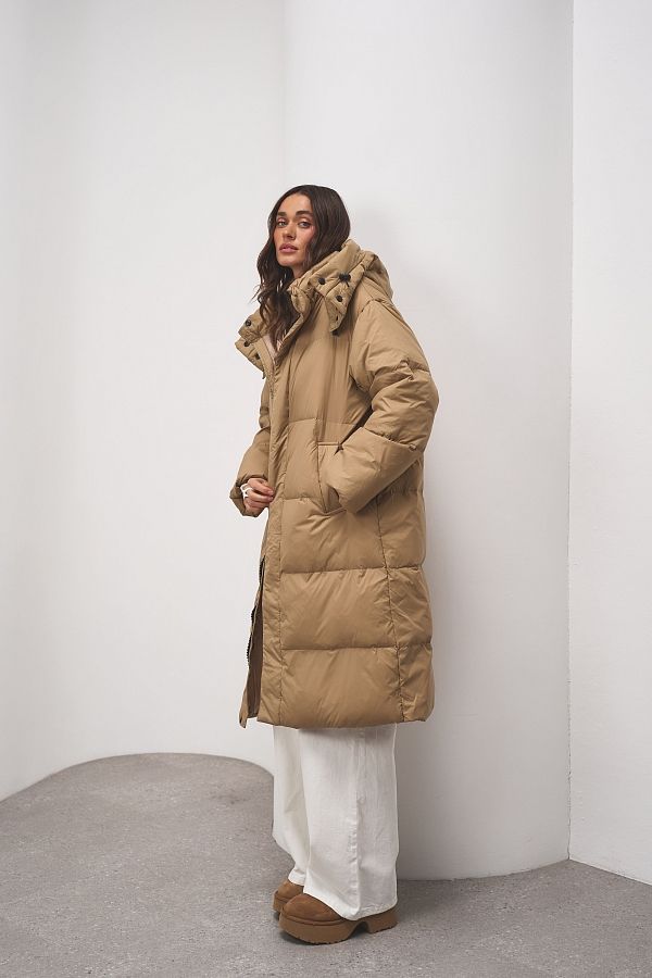 Пуховик довгий з капюшоном бежевий PUH/3 #RU# Пуховик длинный с капюшоном бежевый PUH/3 № 1