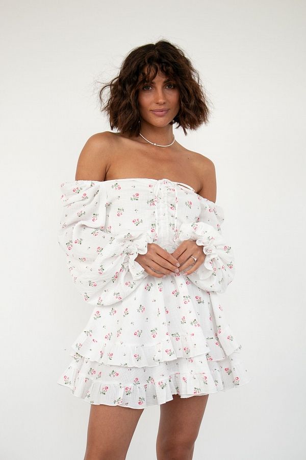 Сукня міні муслінова з рюшами молочна в великі гілочки  D0923 № 1