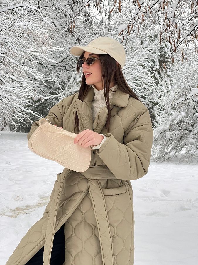 Куртка стьобана довга з поясом візерунок хвилька оливкова МБПЩ001/4 #RU# Куртка стеганая длинная с поясом узор волна оливковая МБПЩ001/4 № 2