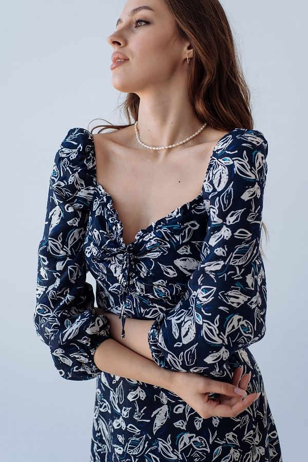 Сукня міні з роспіркою синя в білий принт D0321/26 № 2