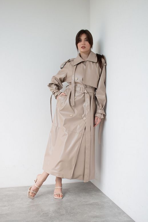 Тренч з екошкіри на тканинній основі з патами кавовий