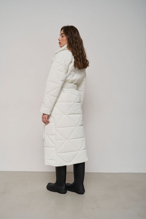 Куртка стьобана довга з поясом візерунок трикутник молочна МБПЩ001/9 #RU# Куртка стеганая длинная с поясом узор треугольник молочная МБПЩ001/9 № 3