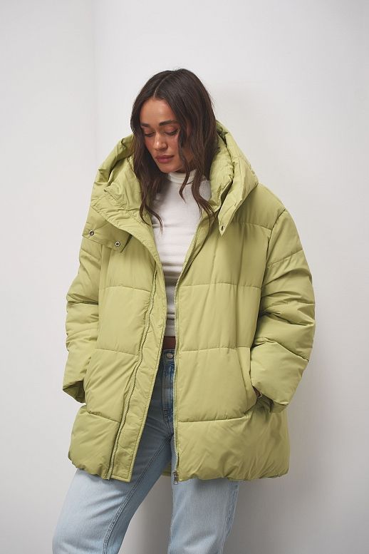 Пуховик подовжений на замку з капюшоном салатовий - №2