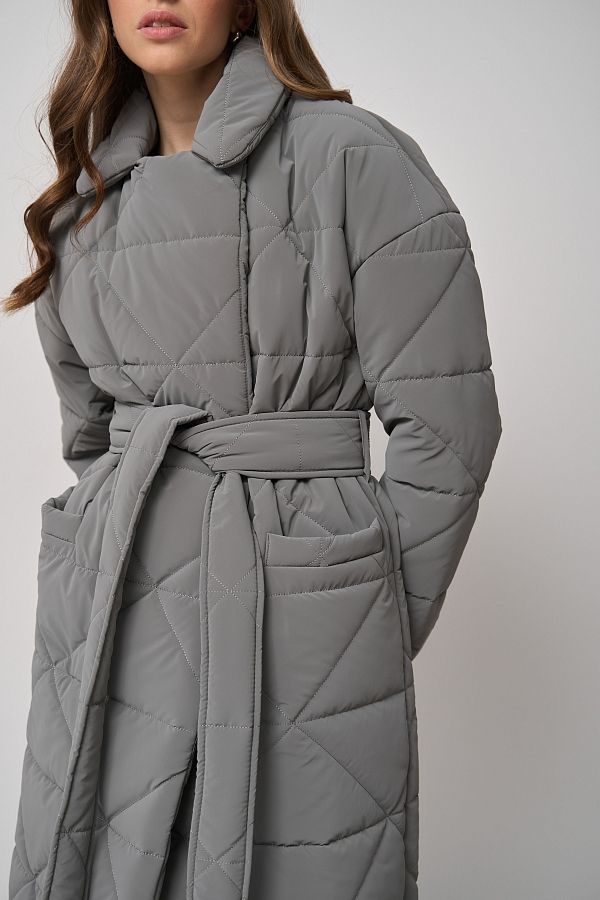 Куртка стьобана довга з поясом візерунок трикутник сіра МБПЩ001/16 #RU# Куртка стеганная длинная с поясом узор треугольник серый МБПЩ001/16 № 3