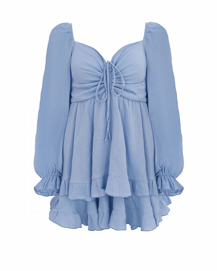 Сукня міні муслінова з рюшами блакитна D0923 № 1