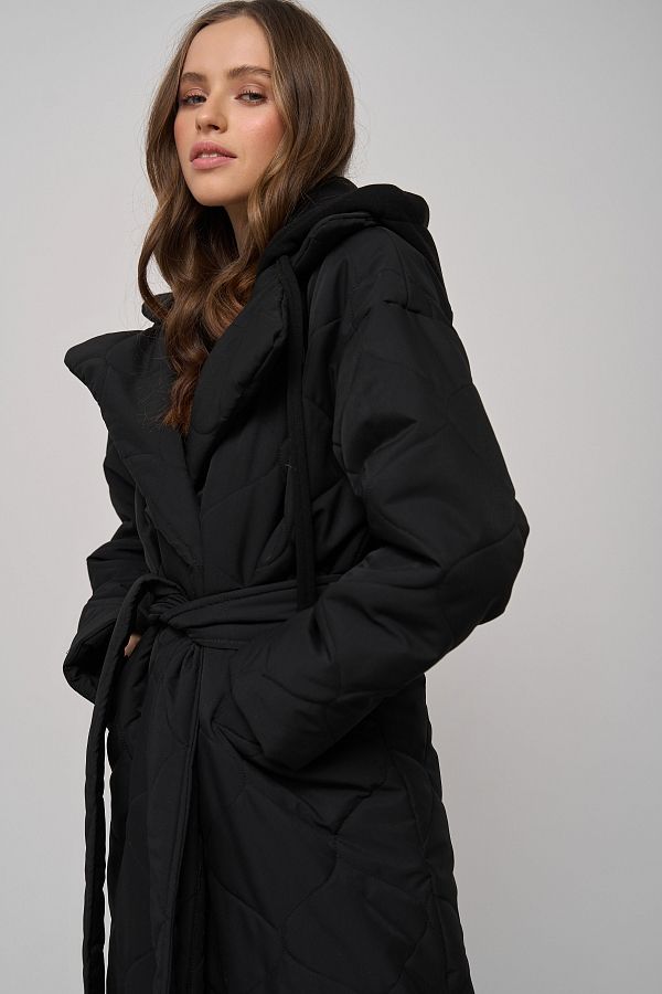 Куртка довга з поясом та знімним капюшоном чорна K0722/23 #RU# Куртка длинная с поясом и съемным капюшоном черная K0722/23 № 3