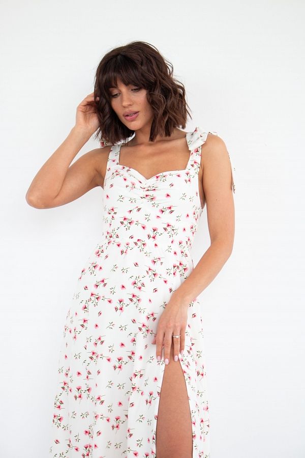 Cарафан з зав'язках молочний в червоні квіти SY11 № 2