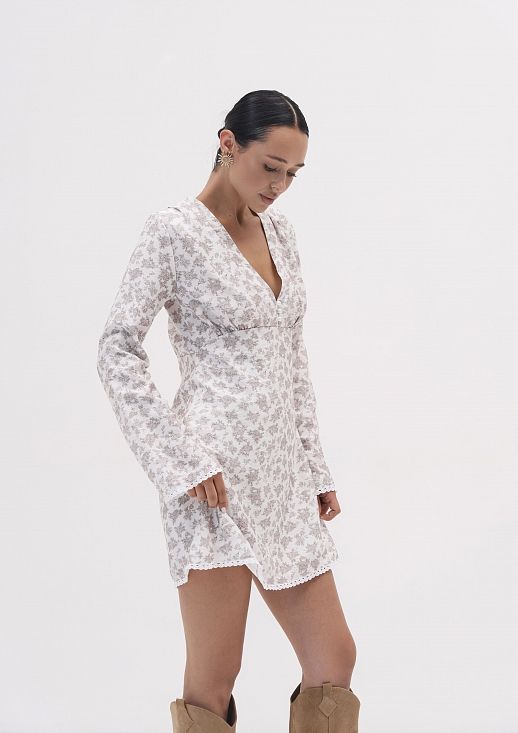 Сукня міні гудзики/мереживо довгий рукав молочна в рожеві троядни - №2