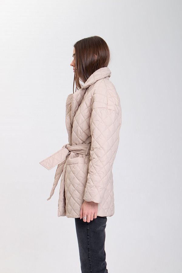 Куртка стьобана на кнопці з поясом бежева МБКТ001/2 #RU# Куртка стеганная на кнопке с поясом бежевая МБКТ001/2 № 3