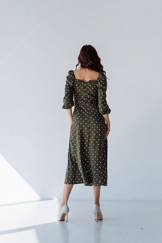 Сукня міді з роспіркою довгий рукав хакі в горох - №2