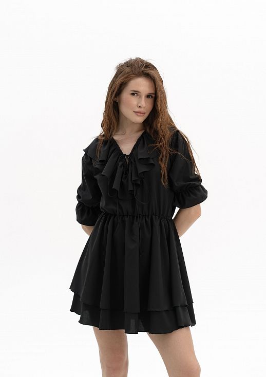 Сукня міні з воланами короткий рукав чорна - №2