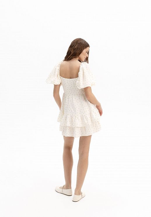 Сукня міні короткий рукав молочна в дрібні квіти - №2