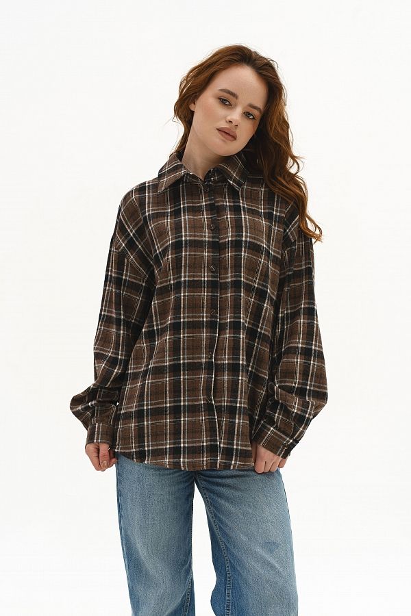Сорочка oversize в клітинку темно-коричнева P1409/5 #RU# Рубашка oversize в клетку темно-коричневая P1409/5 № 1