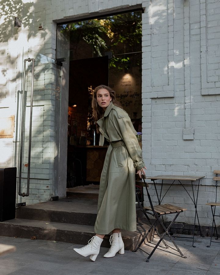 Тренч з екошкіри на замші оливковий С0321/2 #RU# Тренч из экокожи оливка С0321/2 № 2