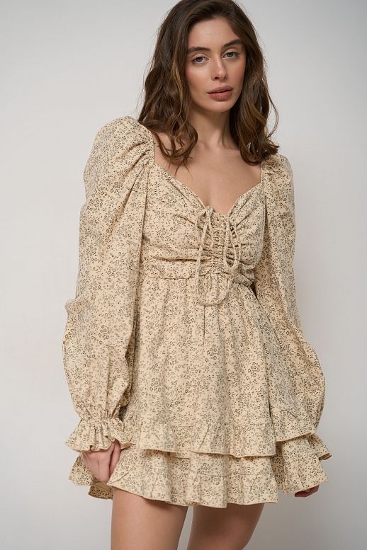 Сукня з подвійною спідницею бежева в чорний візерунок