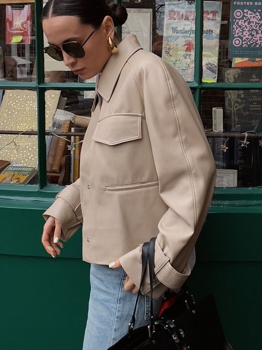 Тренч короткий екошкіра на замші бежевий - №2