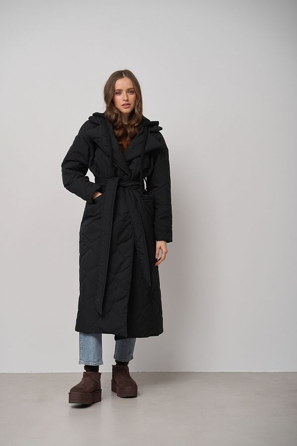 Куртка довга з поясом та знімним капюшоном чорна K0722/23 #RU# Куртка длинная с поясом и съемным капюшоном черная K0722/23 № 1