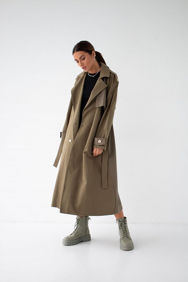 Тренч котоновий двокольоровий хакі+оливка С0221/4 #RU# Тренч котоновый двухцветный хаки+оливка С0221/4 № 1