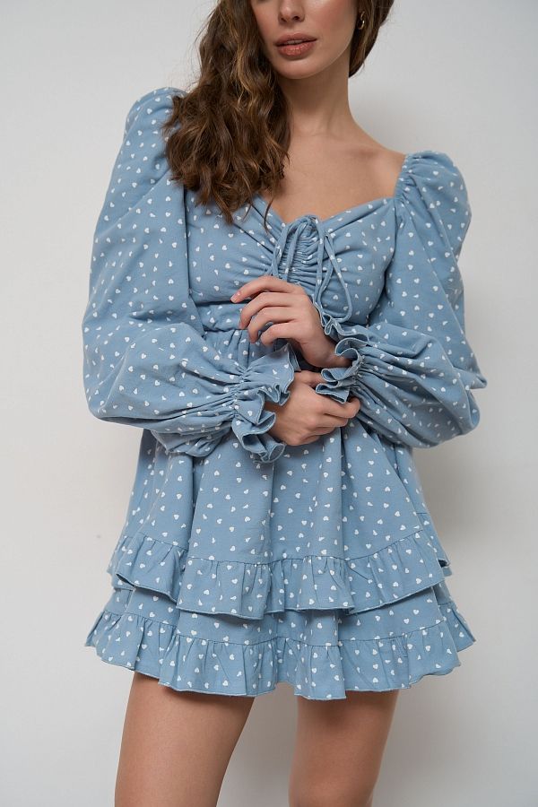 Сукня з подвійною спідницею блакитна в білі серця  № 1
