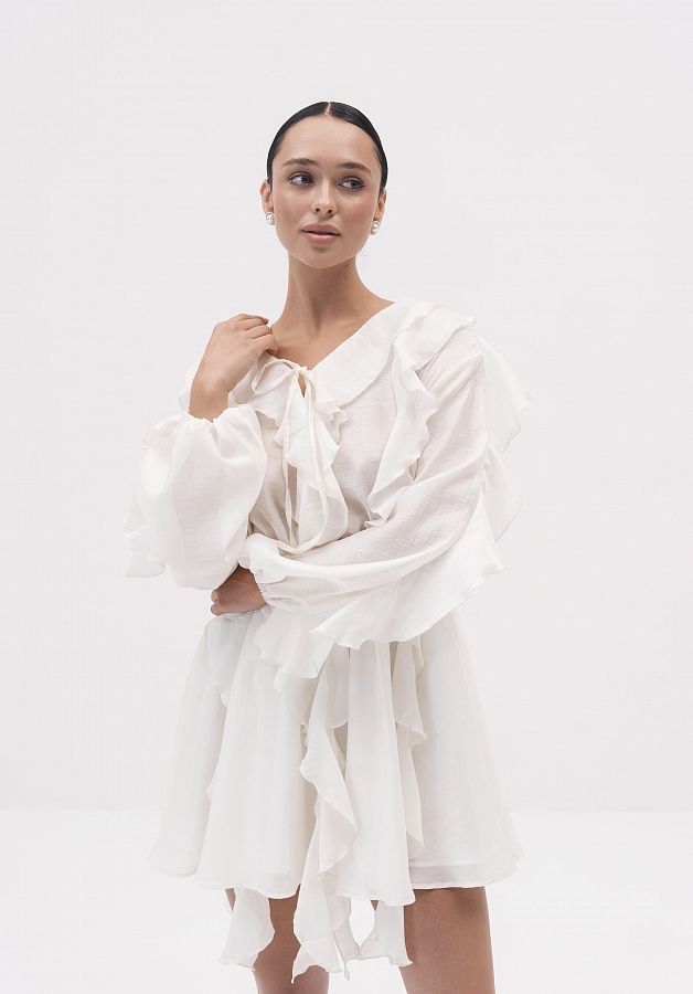 Сукня вуаль з воланами довгий рукав молочна SVDR/01 № 3