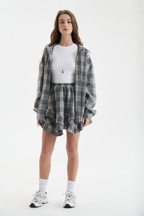 Сорочка oversize в клітинку сіра P1409/3 #RU# Рубашка oversize в клеточку серая P1409/3 № 1