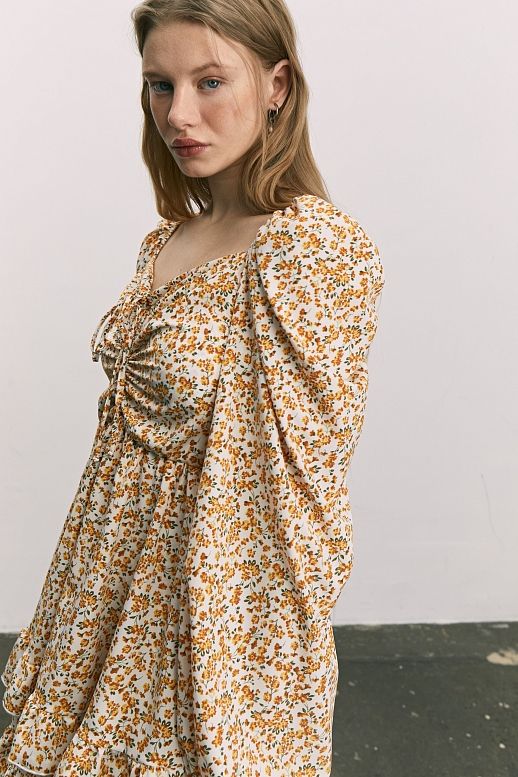 Сукня з софту подвійна спідниця молочна в жовті квіти - №2