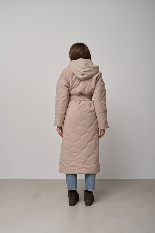 Куртка довга з поясом та знімним капюшоном світло-бежева - №2