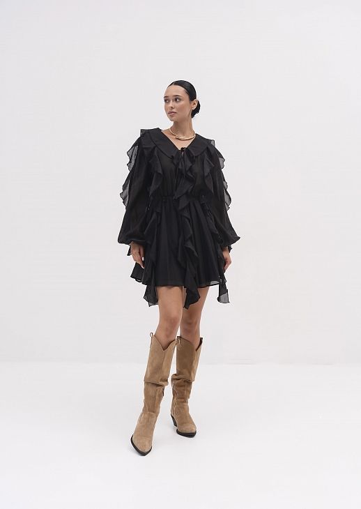 Сукня вуаль з воланами довгий рукав чорна