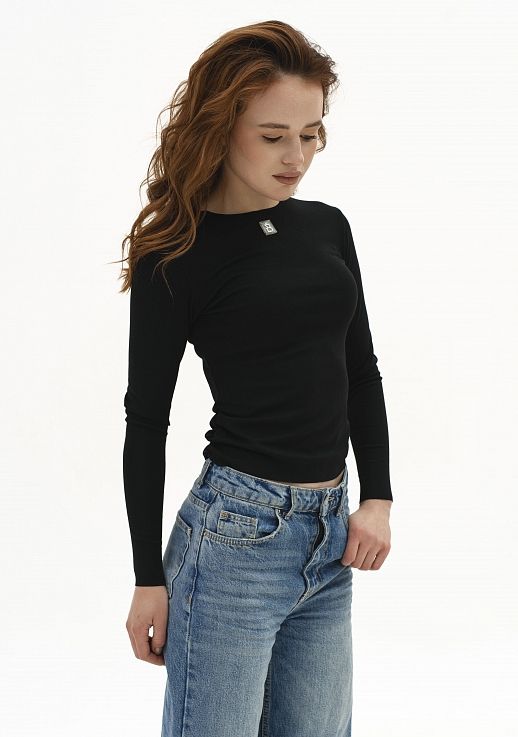 Лонгслів приталений чорний - №2