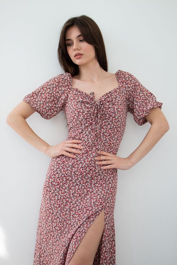 Сукня міді з роспіркою короткий рукав бордова D1021 № 4