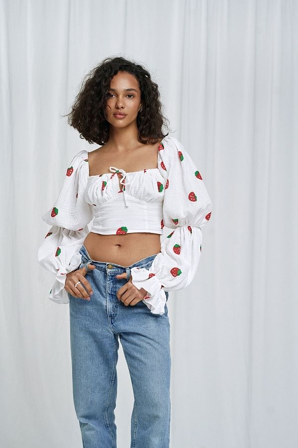 Мусліновий топ в велику полуничку D0223/5 #RU# Муслиновый топ в большую клубничку D0223/5 № 2