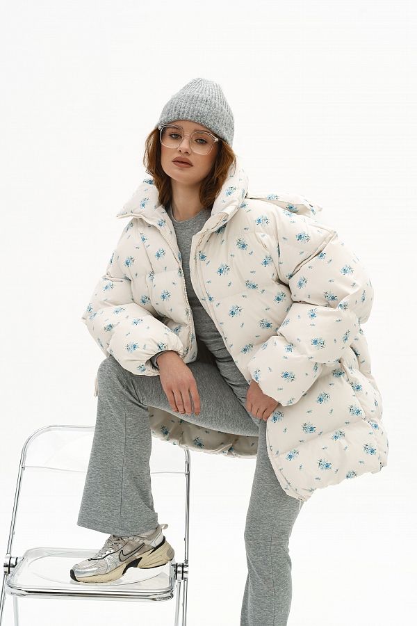 Пуховик зимовий подовжений сметанковий в квіти  KZR25POD/3 #RU# Пуховик зимний удлиненный сливочный в цветы KZR25POD/3 № 4