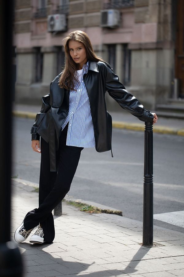 Тренч з екошкіри на замші вкорочений з поясом чорний МБКТ009 #RU# Тренч из экокожи на замше укороченный с поясом чёрный МБКТ009 № 4