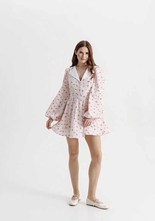 Сукня з білим комірцем пудрова в зелені букети - №2