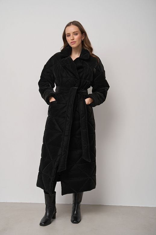 Куртка стьобана довга з поясом візерунок трикутник чорна