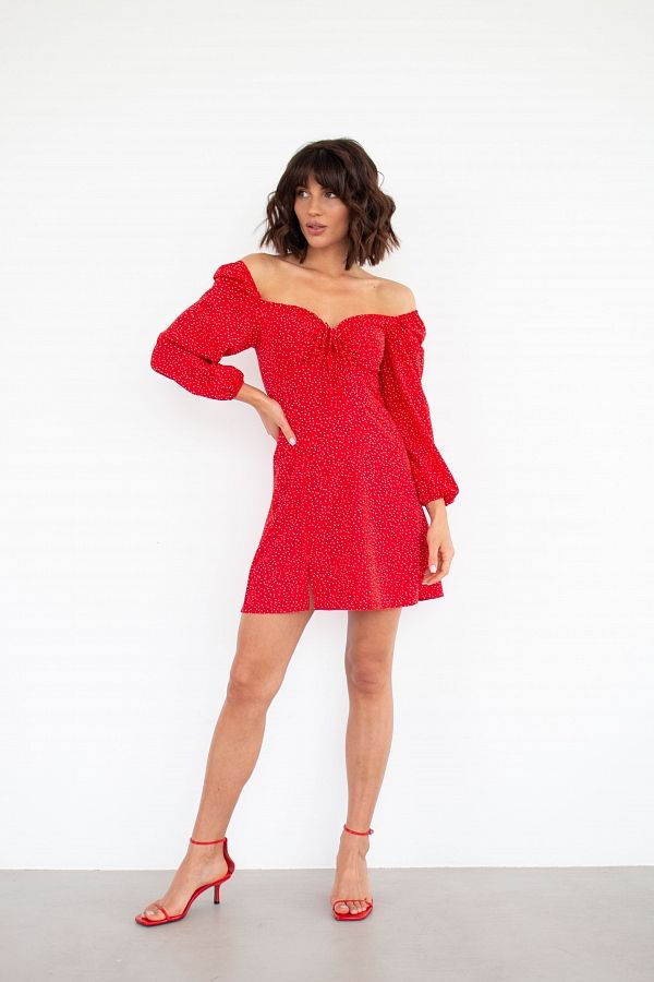 Сукня міні з роспіркою червона в білий горох D0321/21 № 2