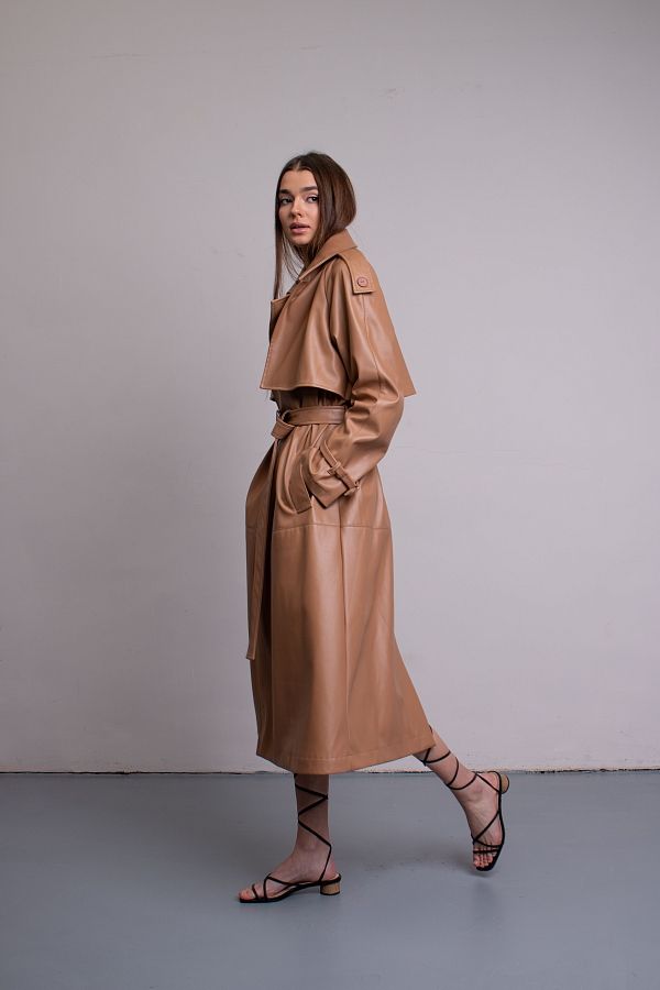 Тренч з екошкіри на замші карамельний С0321/6 #RU# Тренч из экокожи  на замше карамельный С0321/6 № 3