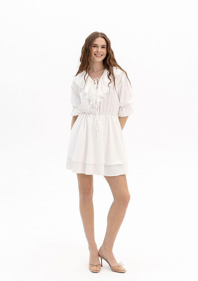 Сукня міні з воланами короткий рукав молочна МБПЛ 10.06 № 1