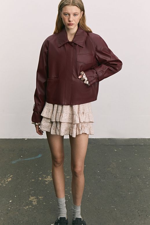 Тренч короткий екошкіра на замші бордовий - №2