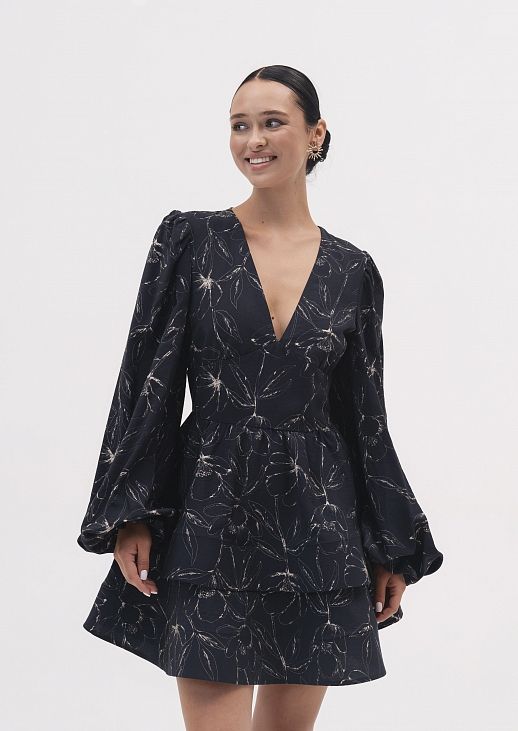 Сукня креш-софт довгий рукав чорна в великі квіти