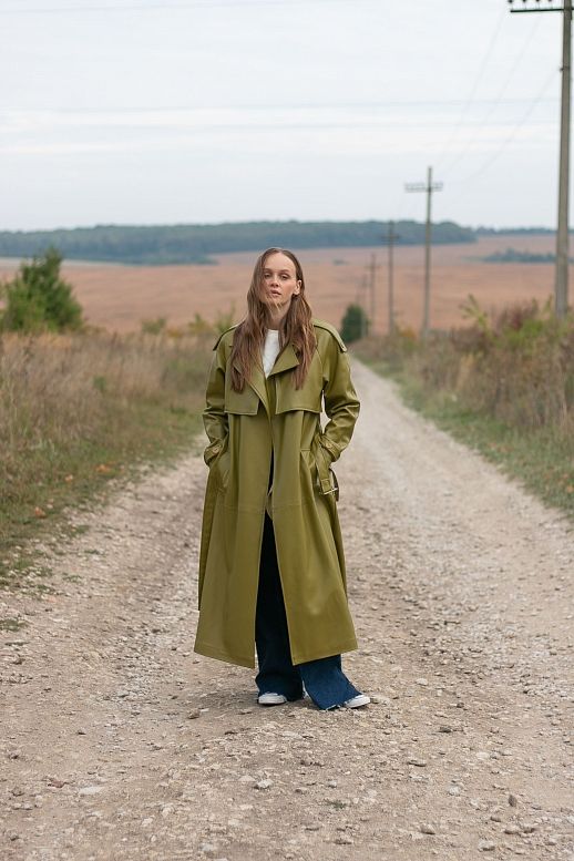 Тренч з екошкіри на замші оливка 01 - №2