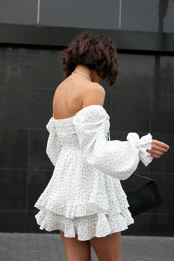 Сукня міні муслінова з рюшами молочний в блакитну квітку D00923/5 № 5