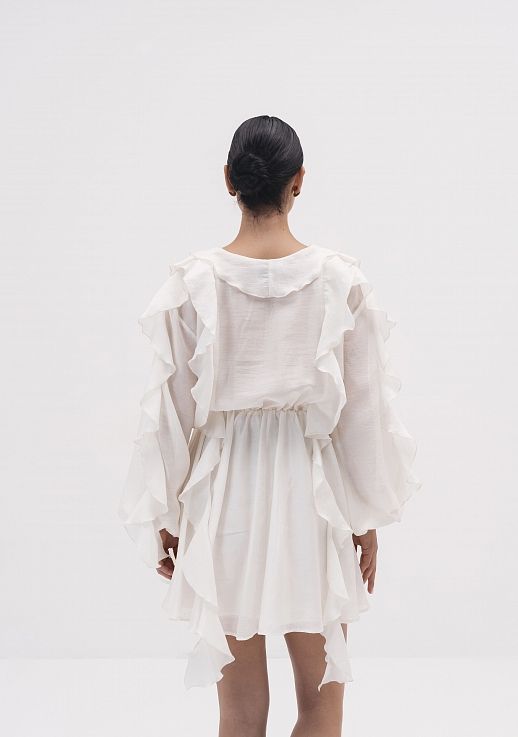 Сукня вуаль з воланами довгий рукав молочна - №2