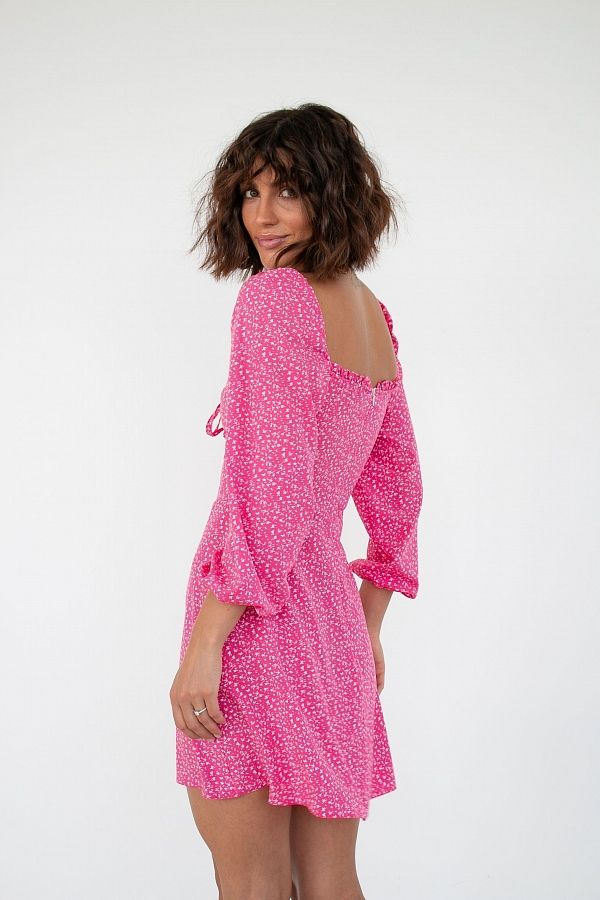 Сукня міні з роспіркою рожева мілкий білий візерунок D0321/12 № 1