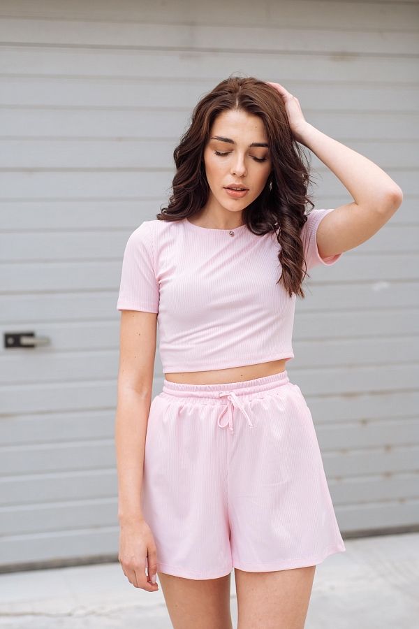 Костюм рубчик футболка з шортами рожевий Н1021/11 #RU# Костюм рубчик футболка с шортам розовый Н1021/11 № 4