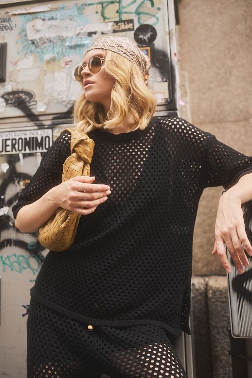 Костюм мереживо футб+брюки чорний - №2